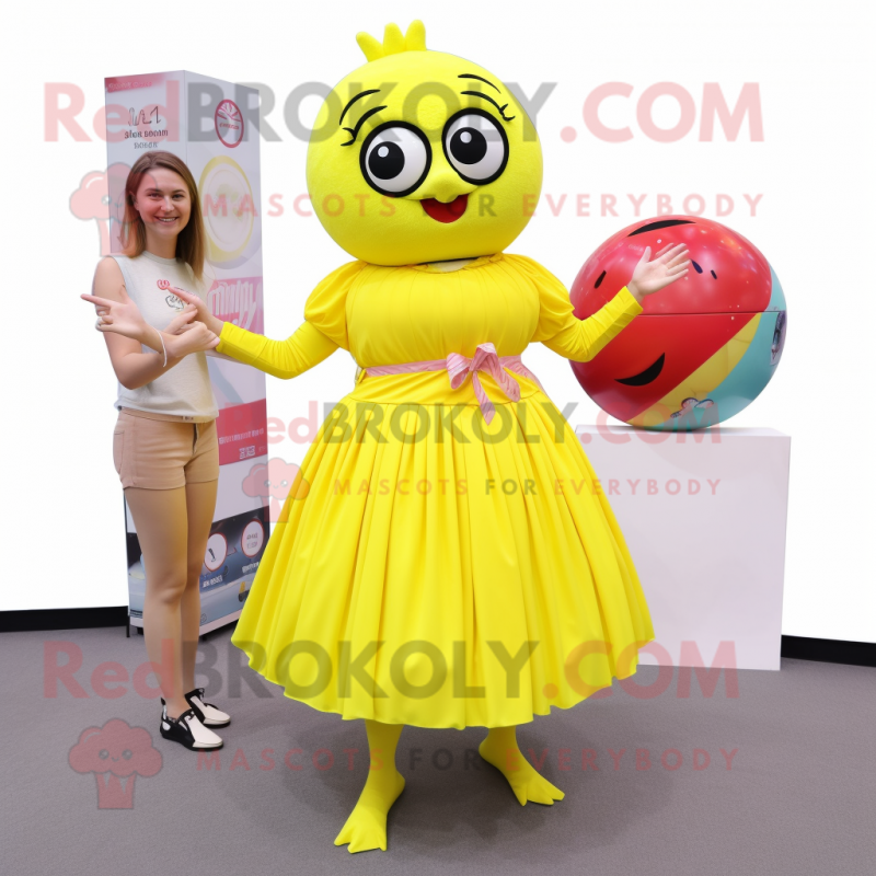 Lemon Yellow Juggle mascot costume character dressed with a Maxi Skirt and Smartwatches