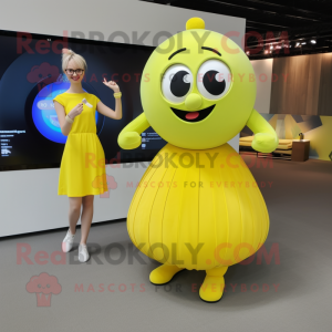 Lemon Yellow Juggle mascot costume character dressed with a Maxi Skirt and Smartwatches