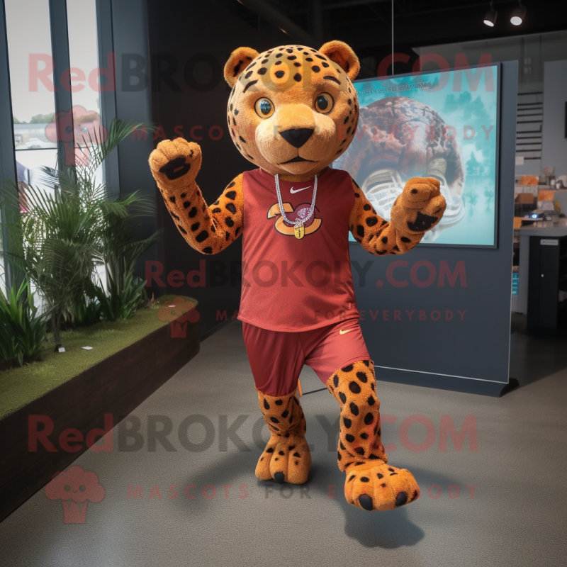 Rust Jaguar mascot costume character dressed with a Running Shorts and Hairpins