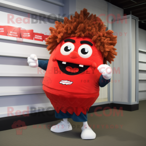 Red Lasagna mascot costume character dressed with a Running Shorts and Hair clips