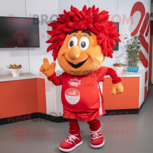 Red Lasagna mascot costume character dressed with a Running Shorts and Hair clips