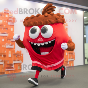 Red Lasagna mascot costume character dressed with a Running Shorts and Hair clips