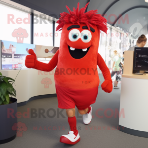Red Lasagna mascot costume character dressed with a Running Shorts and Hair clips