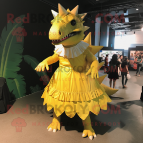 Yellow Stegosaurus mascot costume character dressed with a Dress and Ties