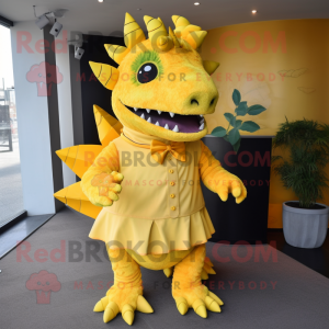 Yellow Stegosaurus mascot costume character dressed with a Dress and Ties