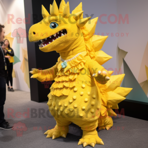 Yellow Stegosaurus mascot costume character dressed with a Dress and Ties