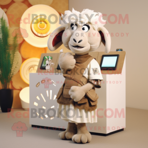 Beige Ram mascot costume character dressed with a Maxi Skirt and Wallets