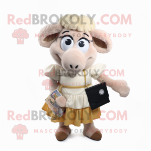 Beige Ram mascot costume character dressed with a Maxi Skirt and Wallets