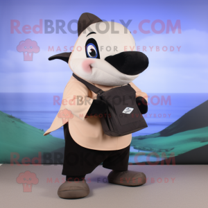 Tan Killer Whale mascot costume character dressed with a Wrap Skirt and Messenger bags