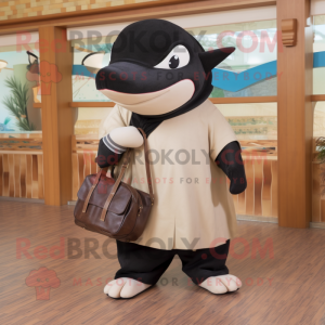 Tan Killer Whale mascot costume character dressed with a Wrap Skirt and Messenger bags