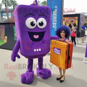 Purple Lasagna mascot costume character dressed with a Mini Skirt and Briefcases