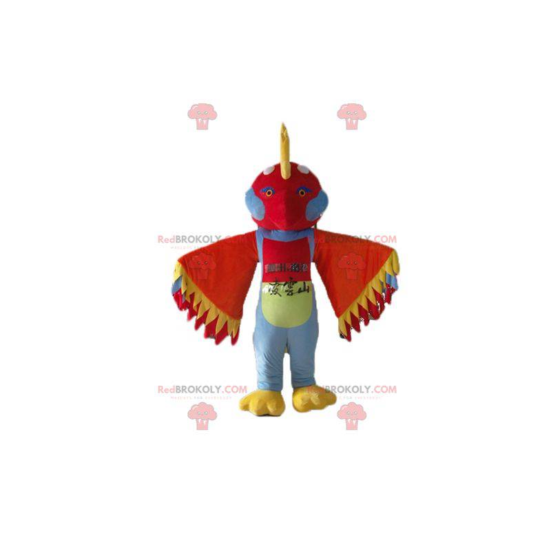 Multicolored bird mascot with feathers on the head -