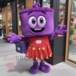 Purple Lasagna mascot costume character dressed with a Mini Skirt and Briefcases