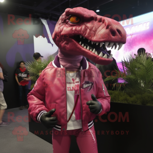Magenta Allosaurus mascot costume character dressed with a Bomber Jacket and Hair clips
