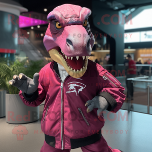 Magenta Allosaurus mascot costume character dressed with a Bomber Jacket and Hair clips