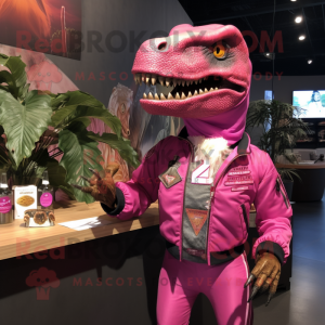 Magenta Allosaurus mascot costume character dressed with a Bomber Jacket and Hair clips