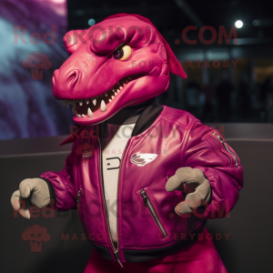 Magenta Allosaurus mascot costume character dressed with a Bomber Jacket and Hair clips