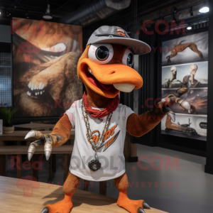 Rust Pterodactyl mascot costume character dressed with a Baseball Tee and Necklaces