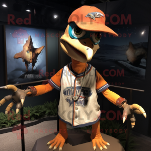 Rust Pterodactyl mascot costume character dressed with a Baseball Tee and Necklaces