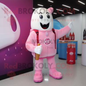 Pink Bottle Of Milk mascot costume character dressed with a Bomber Jacket and Shoe clips