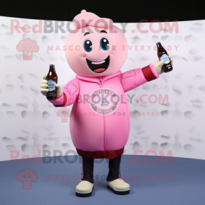 Pink Bottle Of Milk mascot costume character dressed with a Bomber Jacket and Shoe clips