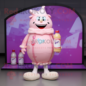 Pink Bottle Of Milk mascot costume character dressed with a Bomber Jacket and Shoe clips