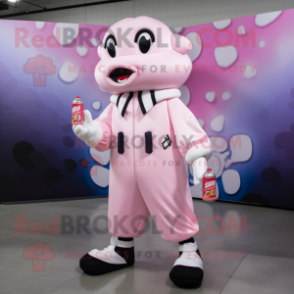 Pink Bottle Of Milk mascot costume character dressed with a Bomber Jacket and Shoe clips