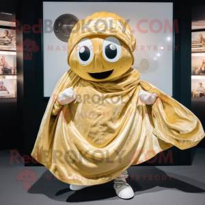 Gold Oyster mascot costume character dressed with a Overalls and Shawl pins