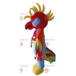Mascotte d'oiseau multicolore avec des plumes sur la tête -