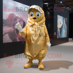 Gold Oyster mascot costume character dressed with a Overalls and Shawl pins