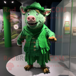 Green Wild Boar mascot costume character dressed with a Wrap Dress and Berets