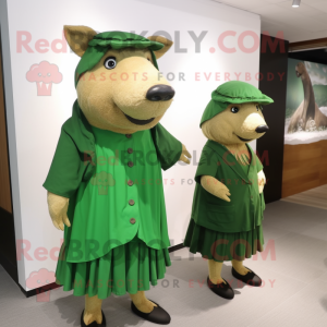 Green Wild Boar mascot costume character dressed with a Wrap Dress and Berets