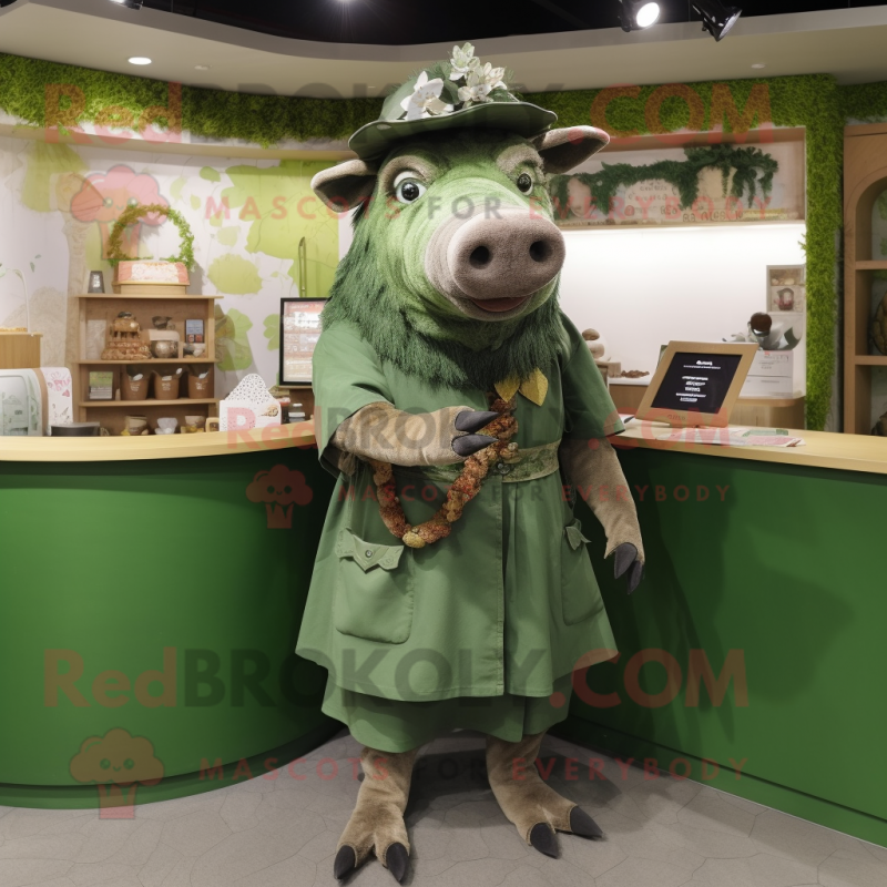 Green Wild Boar mascot costume character dressed with a Wrap Dress and Berets Green Wild Boar mascot costume character dressed with a Wrap Dress and Berets