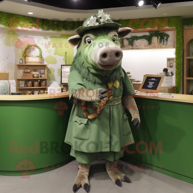 Green Wild Boar mascot costume character dressed with a Wrap Dress and Berets