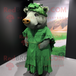 Green Wild Boar mascot costume character dressed with a Wrap Dress and Berets