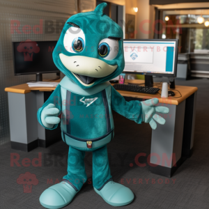 Teal Computer mascot costume character dressed with a Jacket and Watches