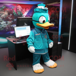 Teal Computer mascot costume character dressed with a Jacket and Watches