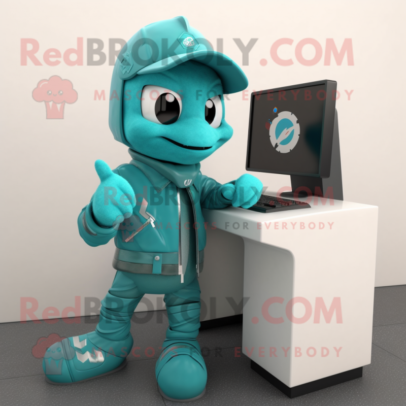 Teal Computer mascot costume character dressed with a Jacket and Watches Teal Computer mascot costume character dressed with a Jacket and Watches