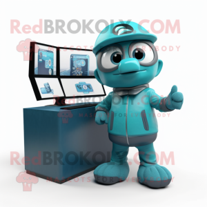 Teal Computer mascot costume character dressed with a Jacket and Watches