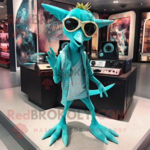 Turquoise Pterodactyl mascot costume character dressed with a Playsuit and Eyeglasses