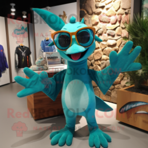 Turquoise Pterodactyl mascot costume character dressed with a Playsuit and Eyeglasses