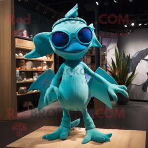 Turquoise Pterodactyl mascot costume character dressed with a Playsuit and Eyeglasses