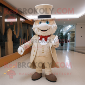 Beige Ring Master mascot costume character dressed with a Waistcoat and Earrings