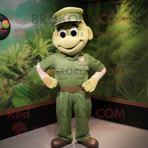 Olive Army Soldier mascot costume character dressed with a Polo Tee and Caps