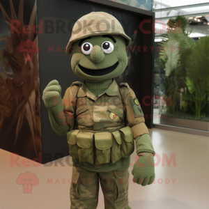 Olive Army Soldier mascot costume character dressed with a Polo Tee and Caps