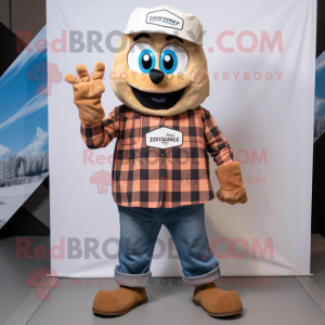 Tan Tuna mascot costume character dressed with a Flannel Shirt and Foot pads