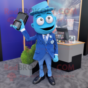 Blue Phone mascot costume character dressed with a Pencil Skirt and Pocket squares