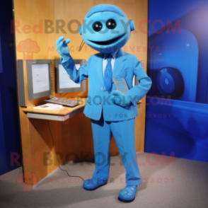 Blue Phone mascot costume character dressed with a Pencil Skirt and Pocket squares
