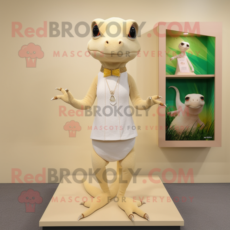Beige Geckos mascot costume character dressed with a Sheath Dress and Anklets Beige Geckos mascot costume character dressed with a Sheath Dress and Anklets