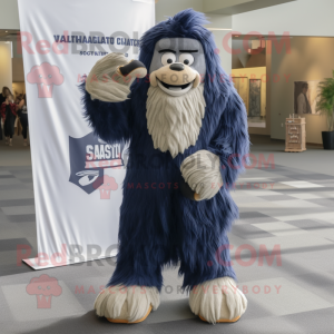Navy Sasquatch mascot costume character dressed with a Dress Shirt and Scarves